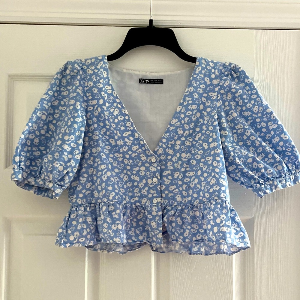 Zara Blue Floral Puff Sleeves Top